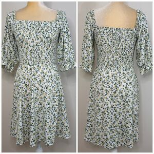 WAYF Floral Smocked Bodice Mini Dress Size S White & Green Square Neck